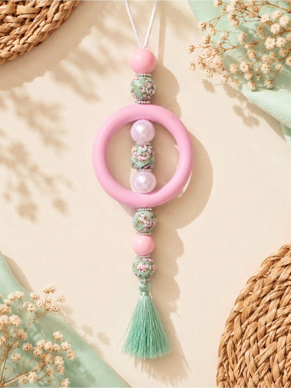Pink and Green Beaded Car Charm